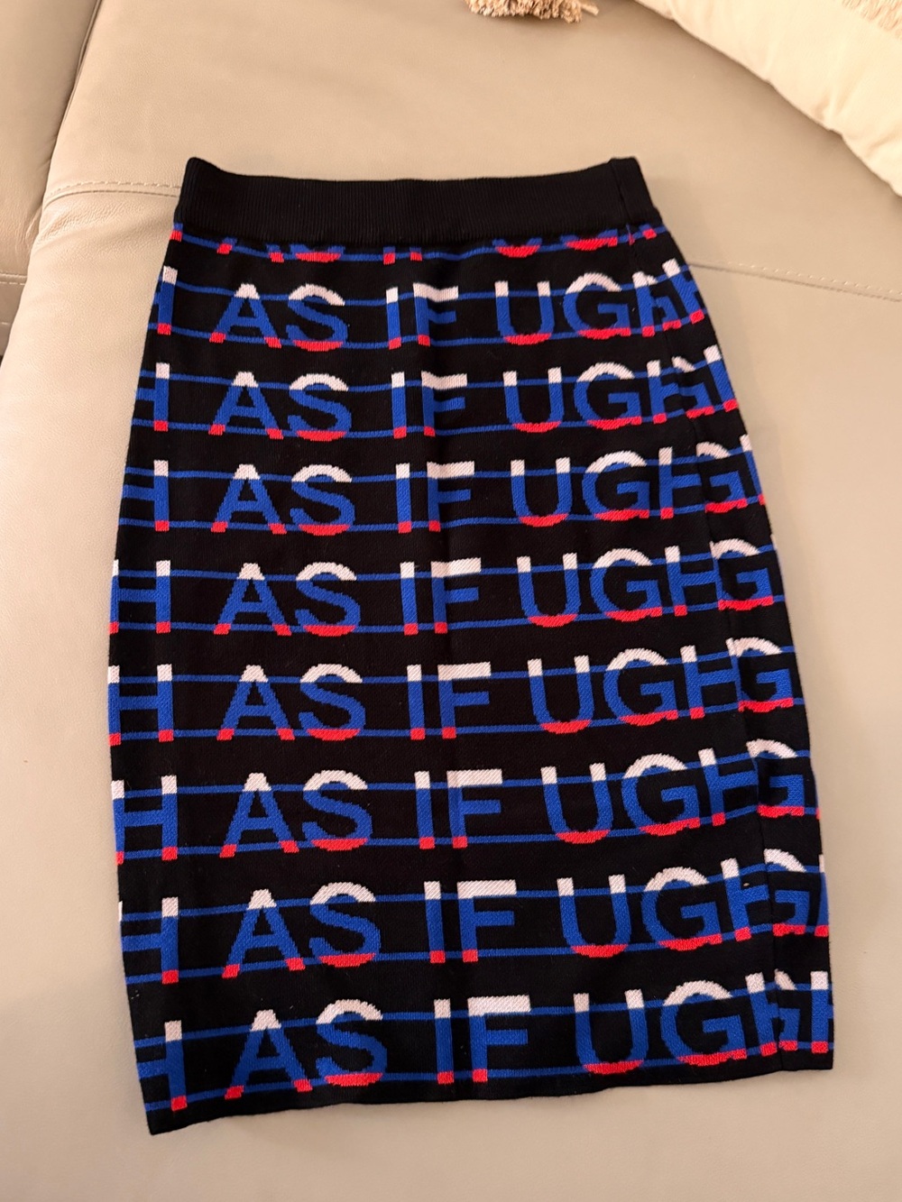 Black Graphic Knit Pencil Skirt with Blue, Red and White Text